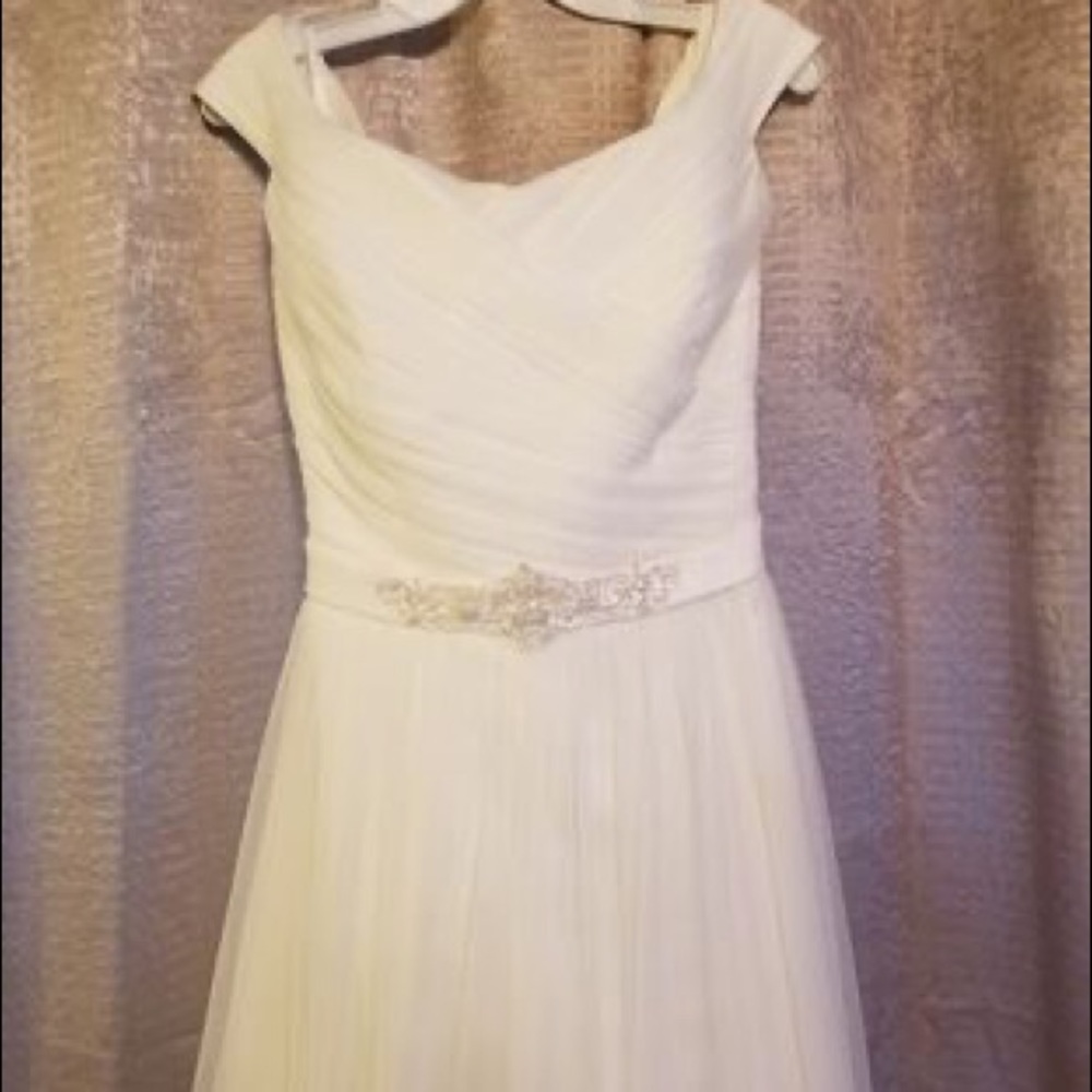 David’s Bridal A-line Tulle Wedding Gown with Beaded Sash - Picture 4 of 12